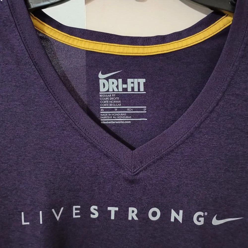 EUC ~NIKE DRI-FIT Purple Colored "Live Strong" Swoosh Reg. Fit Shirt (Size: XS) - Picture 2 of 3